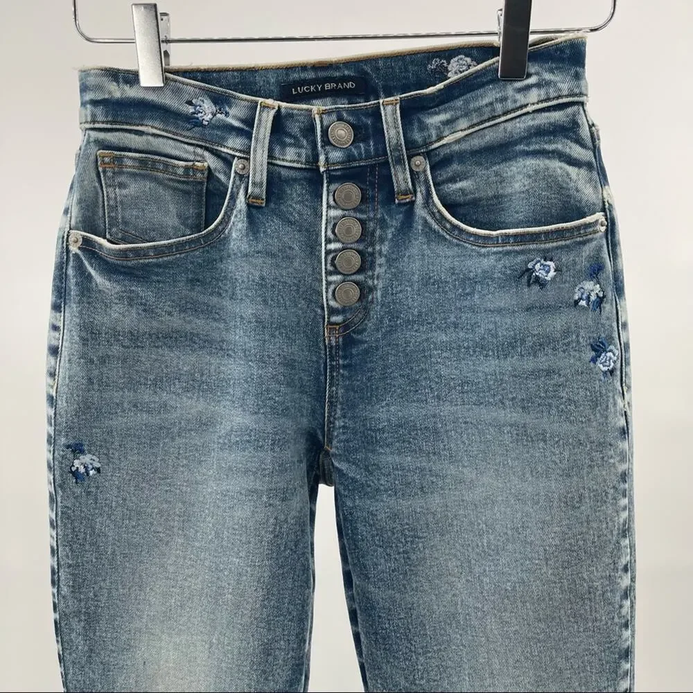 NWOT LUCKY BRAND Denim Jeans Ava Mid Rise Skinny Embroidered Flowers Size 25